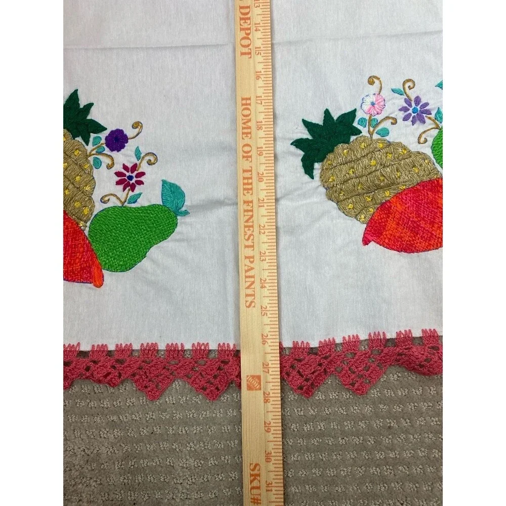 Vintage Mexican Embroidered Fruit Tablecloth with Crochet Lace Trim 26x26